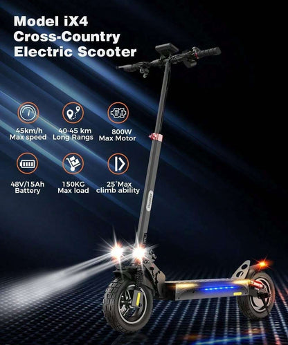 Monopattino elettrico iScooter IX4 con pneumatici a nido d'ape da 10 pollici, motore da 800 W, velocità massima 45 km/h, batteria 48 V 15 Ah, autonomia 40-45 km, controllo tramite app.