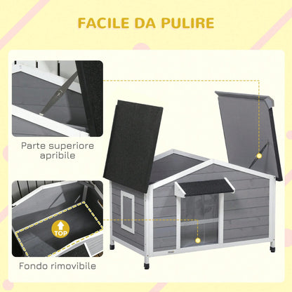 PawHut Casetta per Cani Taglia Piccola e Media in Legno di Abete, Design Rialzato con Tenda Protettiva, 2 Finestre e Fondo Rimovibile, 109x79x72 cm