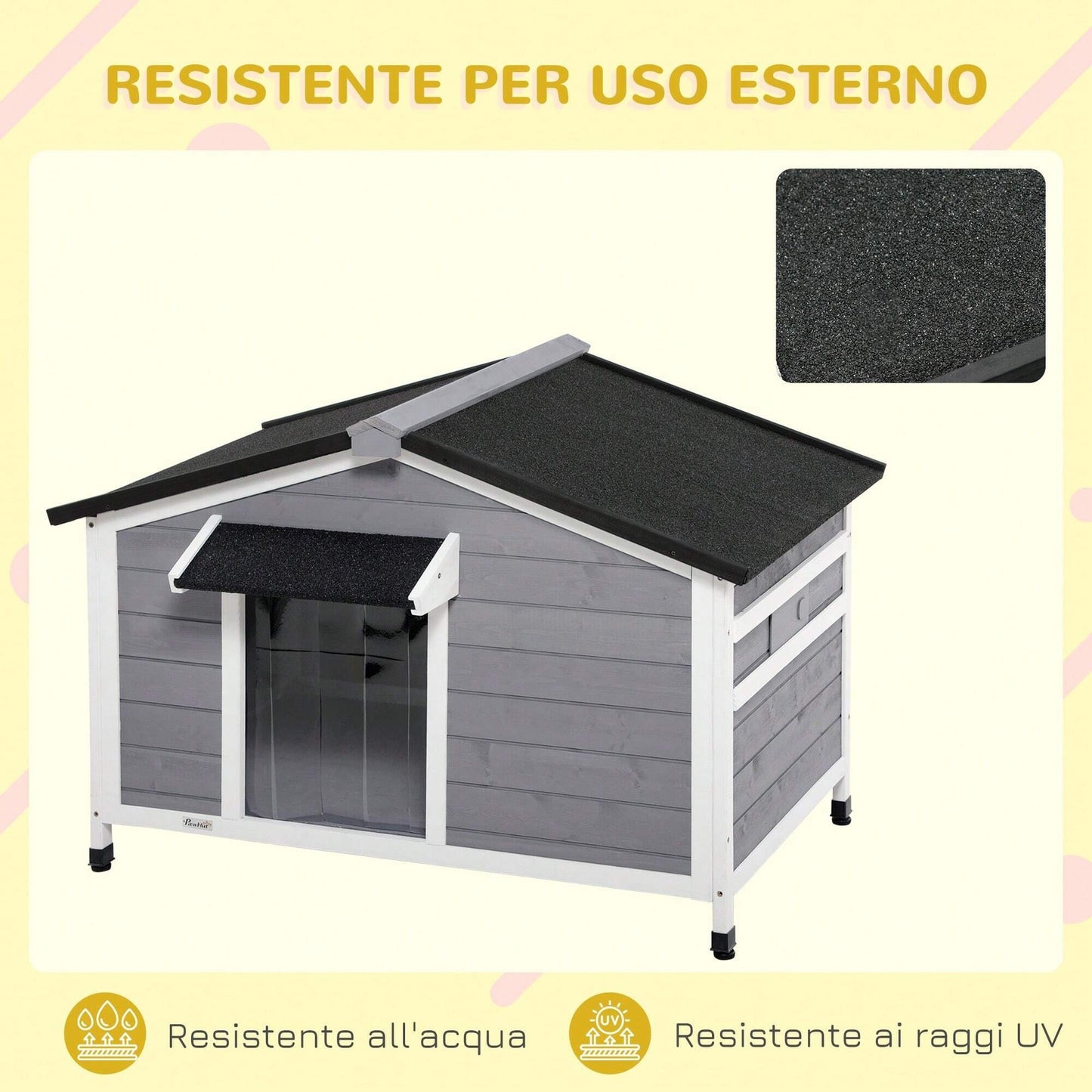PawHut Casetta per Cani Taglia Piccola e Media in Legno di Abete, Design Rialzato con Tenda Protettiva, 2 Finestre e Fondo Rimovibile, 109x79x72 cm