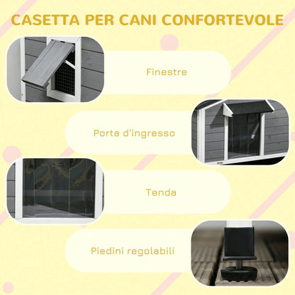 PawHut Casetta per Cani Taglia Piccola e Media in Legno di Abete, Design Rialzato con Tenda Protettiva, 2 Finestre e Fondo Rimovibile, 109x79x72 cm