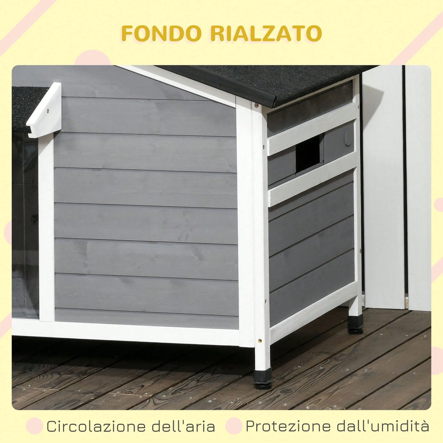 PawHut Casetta per Cani Taglia Piccola e Media in Legno di Abete, Design Rialzato con Tenda Protettiva, 2 Finestre e Fondo Rimovibile, 109x79x72 cm