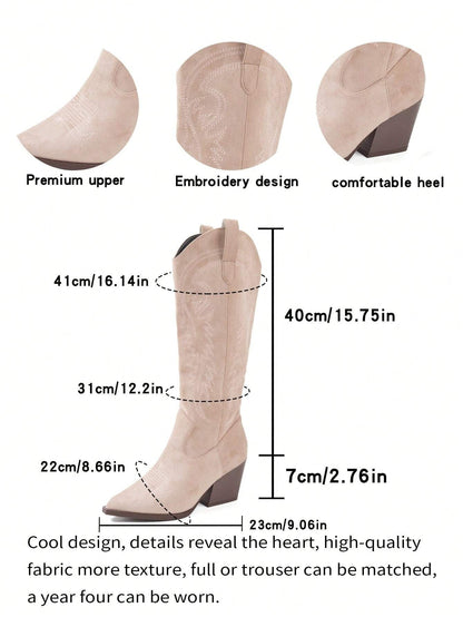 Stivali da equitazione al ginocchio per donna, nuovi, con tacco largo, e ricami western, versatili