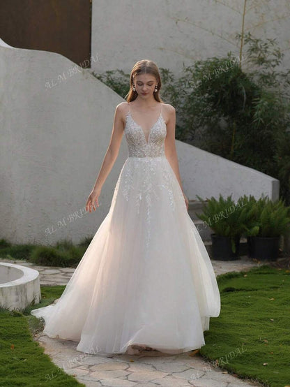 ANGELAG Abito da sposa elegante da donna con ricamo floreale e design in tulle a sottoveste