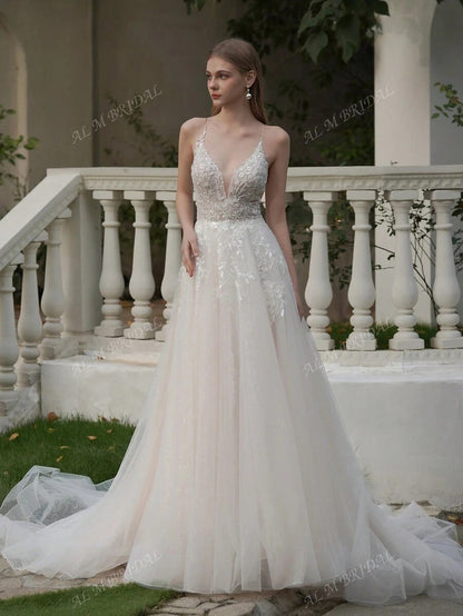 ANGELAG Abito da sposa elegante da donna con ricamo floreale e design in tulle a sottoveste