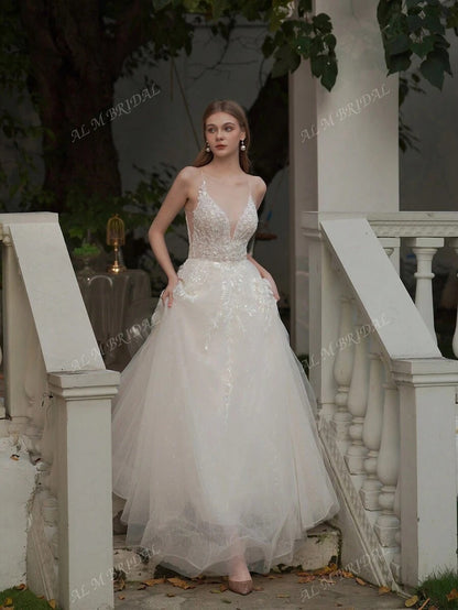 ANGELAG Abito da sposa elegante da donna con ricamo floreale e design in tulle a sottoveste