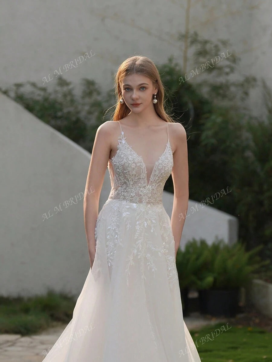 ANGELAG Abito da sposa elegante da donna con ricamo floreale e design in tulle a sottoveste
