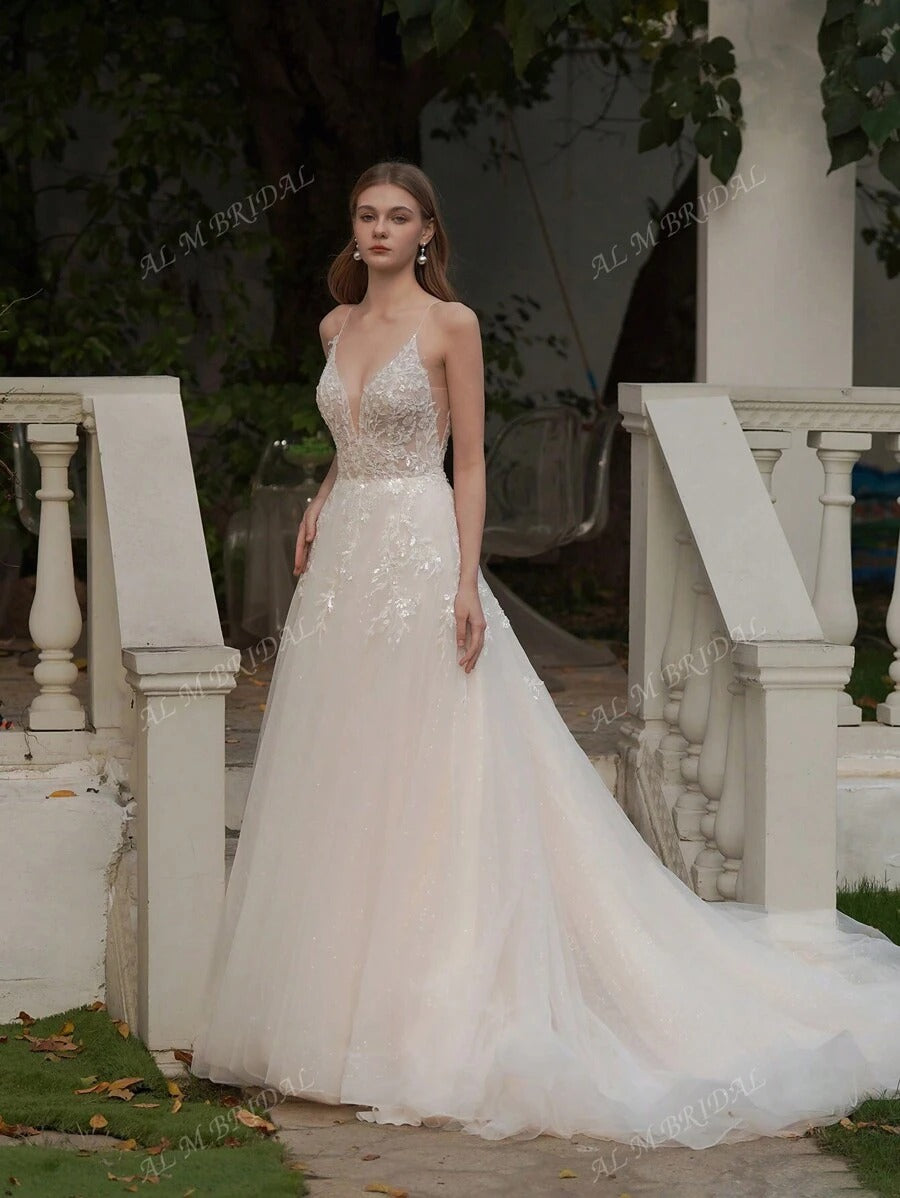 ANGELAG Abito da sposa elegante da donna con ricamo floreale e design in tulle a sottoveste