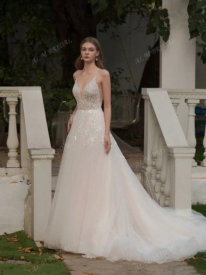 ANGELAG Abito da sposa elegante da donna con ricamo floreale e design in tulle a sottoveste