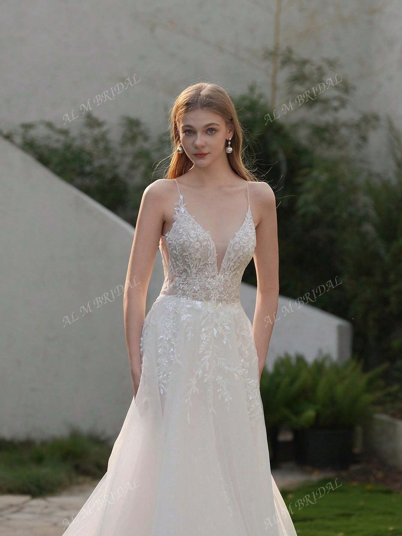 ANGELAG Abito da sposa elegante da donna con ricamo floreale e design in tulle a sottoveste