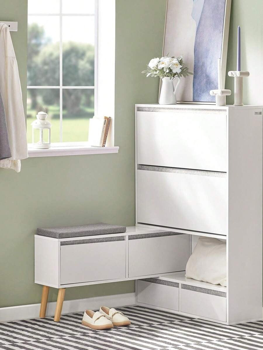 SoBuy Scarpiera ribaltabile, Scarpiera con 2 ribalte, 2 ante e 2 cassetti, Armadio ingresso, Scarpiera con sedile, (92-124) x115x24cm