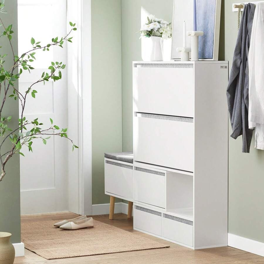 SoBuy Scarpiera ribaltabile, Scarpiera con 2 ribalte, 2 ante e 2 cassetti, Armadio ingresso, Scarpiera con sedile, (92-124) x115x24cm