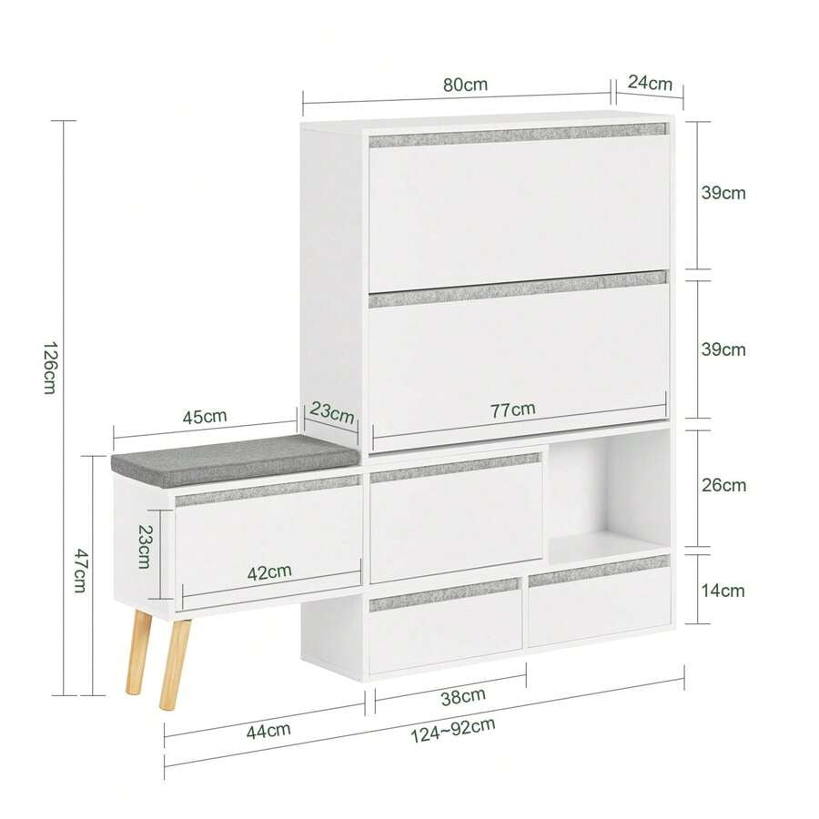 SoBuy Scarpiera ribaltabile, Scarpiera con 2 ribalte, 2 ante e 2 cassetti, Armadio ingresso, Scarpiera con sedile, (92-124) x115x24cm