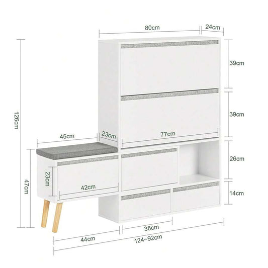 SoBuy Scarpiera ribaltabile, Scarpiera con 2 ribalte, 2 ante e 2 cassetti, Armadio ingresso, Scarpiera con sedile, (92-124) x115x24cm