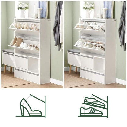 SoBuy Scarpiera ribaltabile, Scarpiera con 2 ribalte, 2 ante e 2 cassetti, Armadio ingresso, Scarpiera con sedile, (92-124) x115x24cm