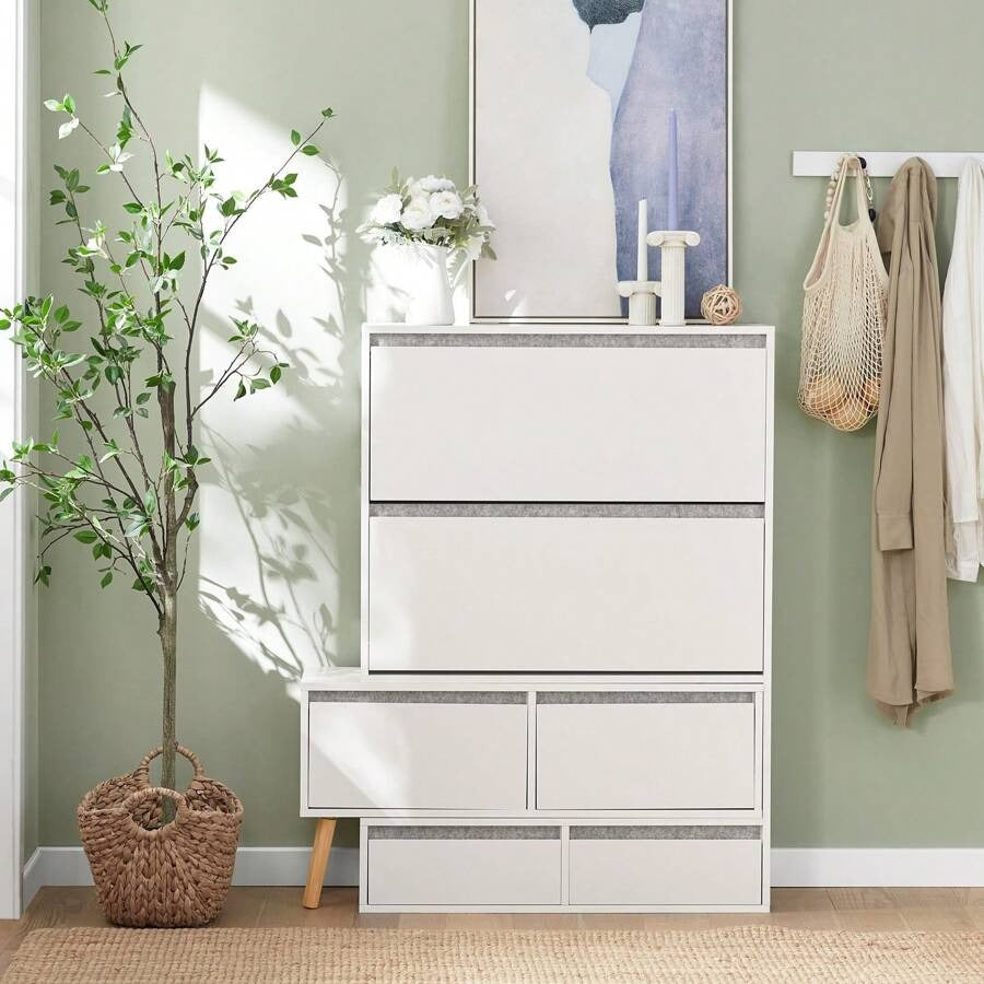 SoBuy Scarpiera ribaltabile, Scarpiera con 2 ribalte, 2 ante e 2 cassetti, Armadio ingresso, Scarpiera con sedile, (92-124) x115x24cm