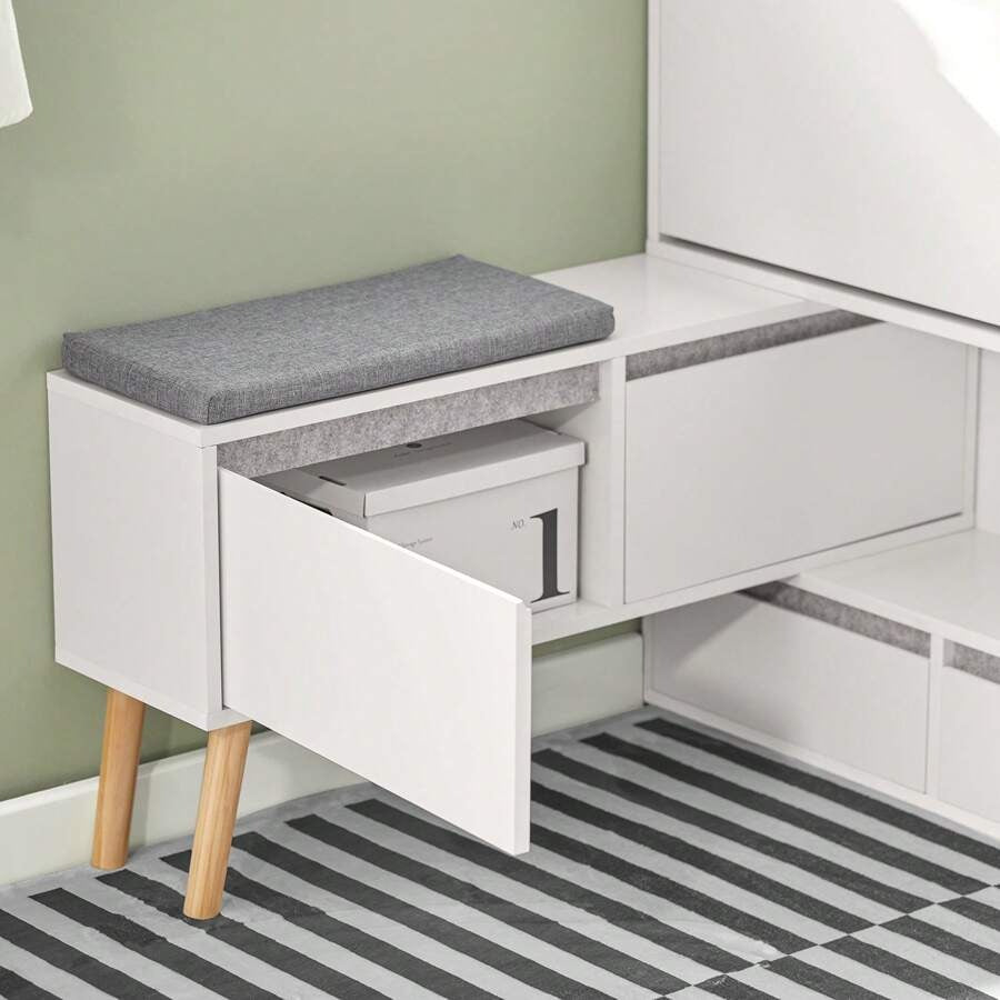 SoBuy Scarpiera ribaltabile, Scarpiera con 2 ribalte, 2 ante e 2 cassetti, Armadio ingresso, Scarpiera con sedile, (92-124) x115x24cm