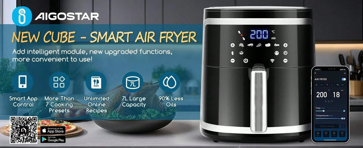 Aigostar Friggitrice ad aria intelligente, 1900W, 7L. Modalità manuale, schermo LED, 7 funzioni preimpostate con mantenimento calore in modalità manuale. Connessione Wi-Fi