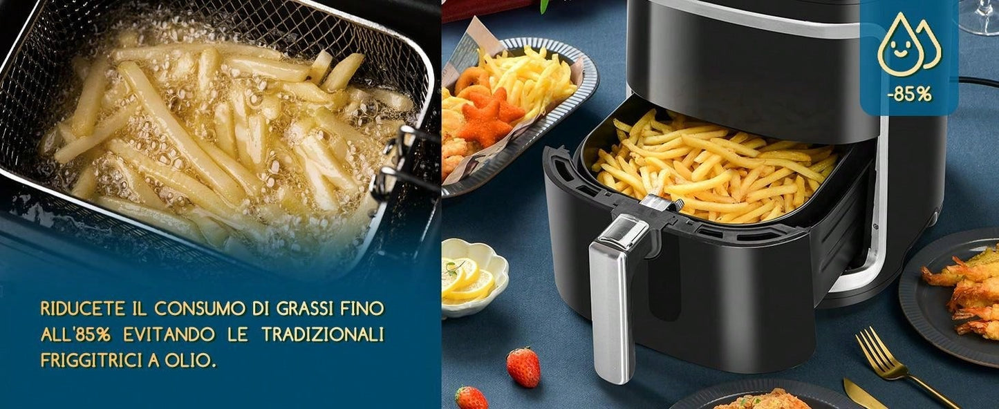 Aigostar Friggitrice ad aria intelligente, 1900W, 7L. Modalità manuale, schermo LED, 7 funzioni preimpostate con mantenimento calore in modalità manuale. Connessione Wi-Fi
