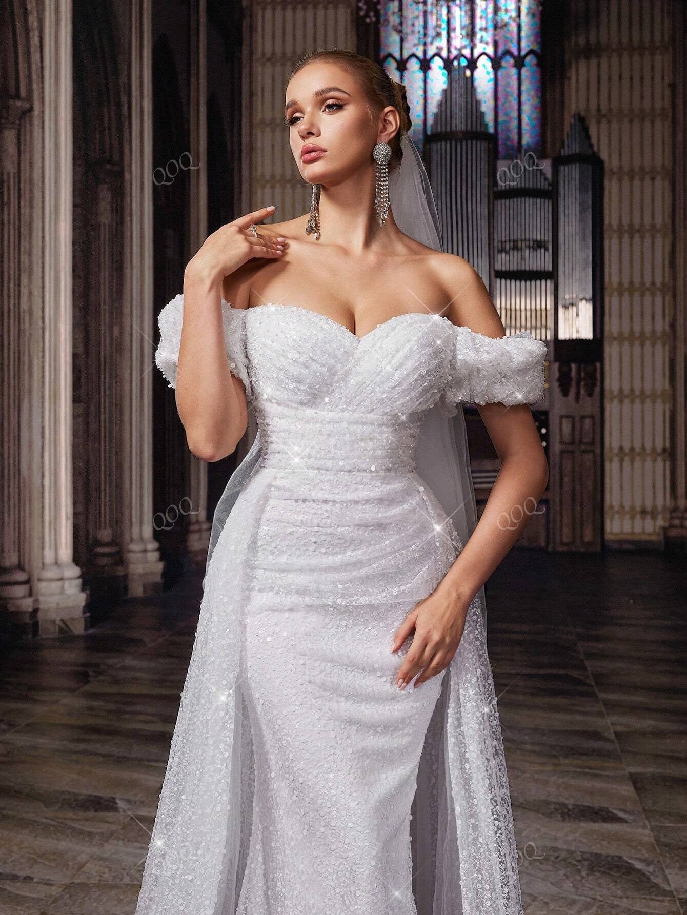 QOQ Abito da sposa da dea, abito lungo elegante e romantico da donna, adatto per matrimoni, eventi formali, feste di matrimonio, cene, servizi fotografici per matrimoni