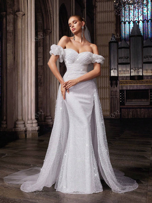 QOQ Abito da sposa da dea, abito lungo elegante e romantico da donna, adatto per matrimoni, eventi formali, feste di matrimonio, cene, servizi fotografici per matrimoni