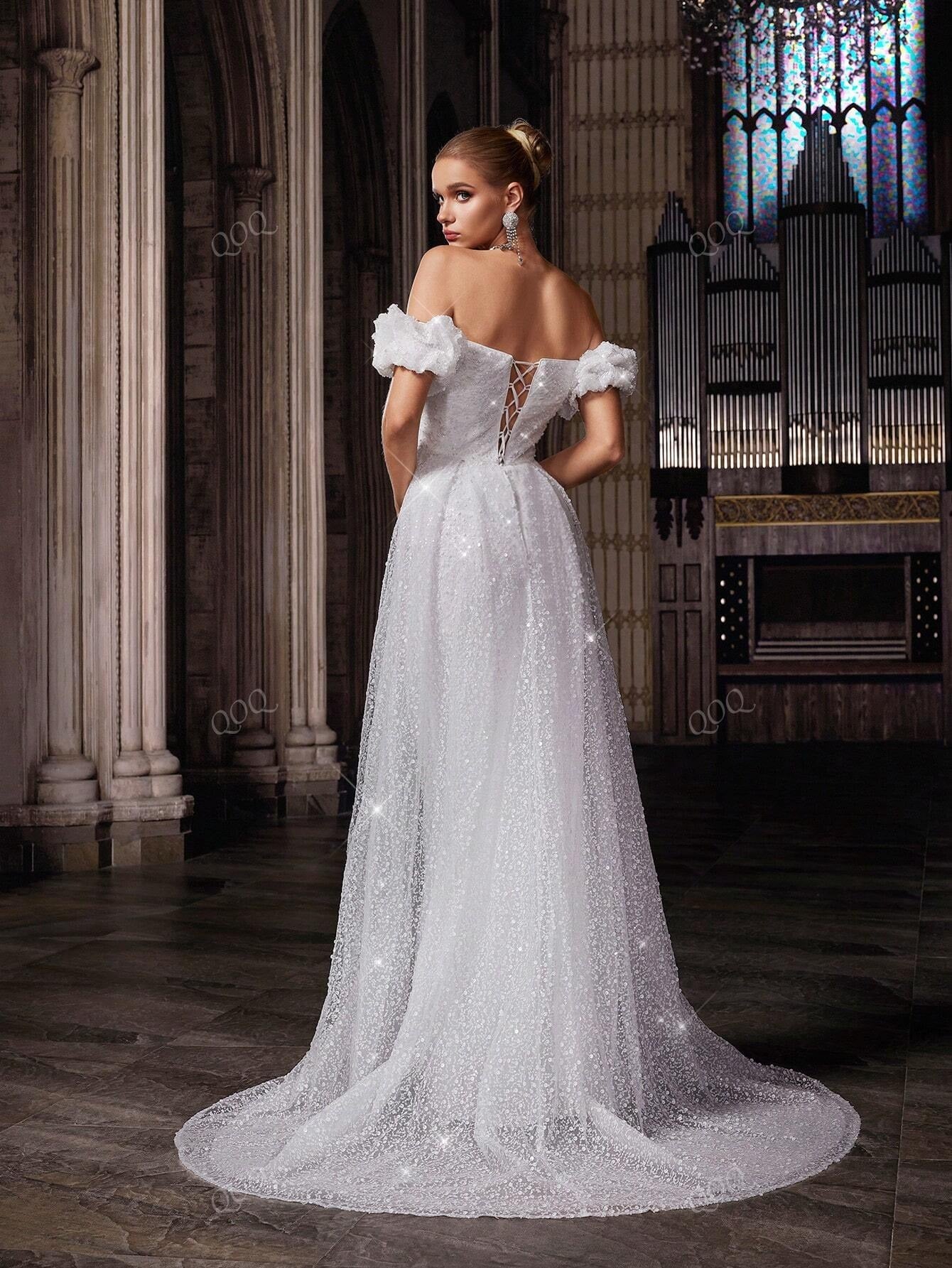 QOQ Abito da sposa da dea, abito lungo elegante e romantico da donna, adatto per matrimoni, eventi formali, feste di matrimonio, cene, servizi fotografici per matrimoni