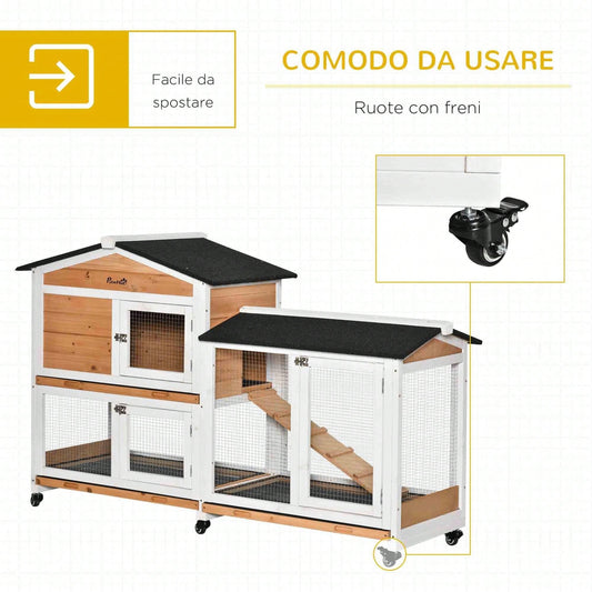 PawHut Conigliera da Esterno a 2 Livelli con 6 Ruote, Vassoio Rimovibile, Rampa e Rete Metallica, Casetta per 1-3 Conigli in Legno di Abete e Tetto in Bitume, 157.4x53x99.5 cm