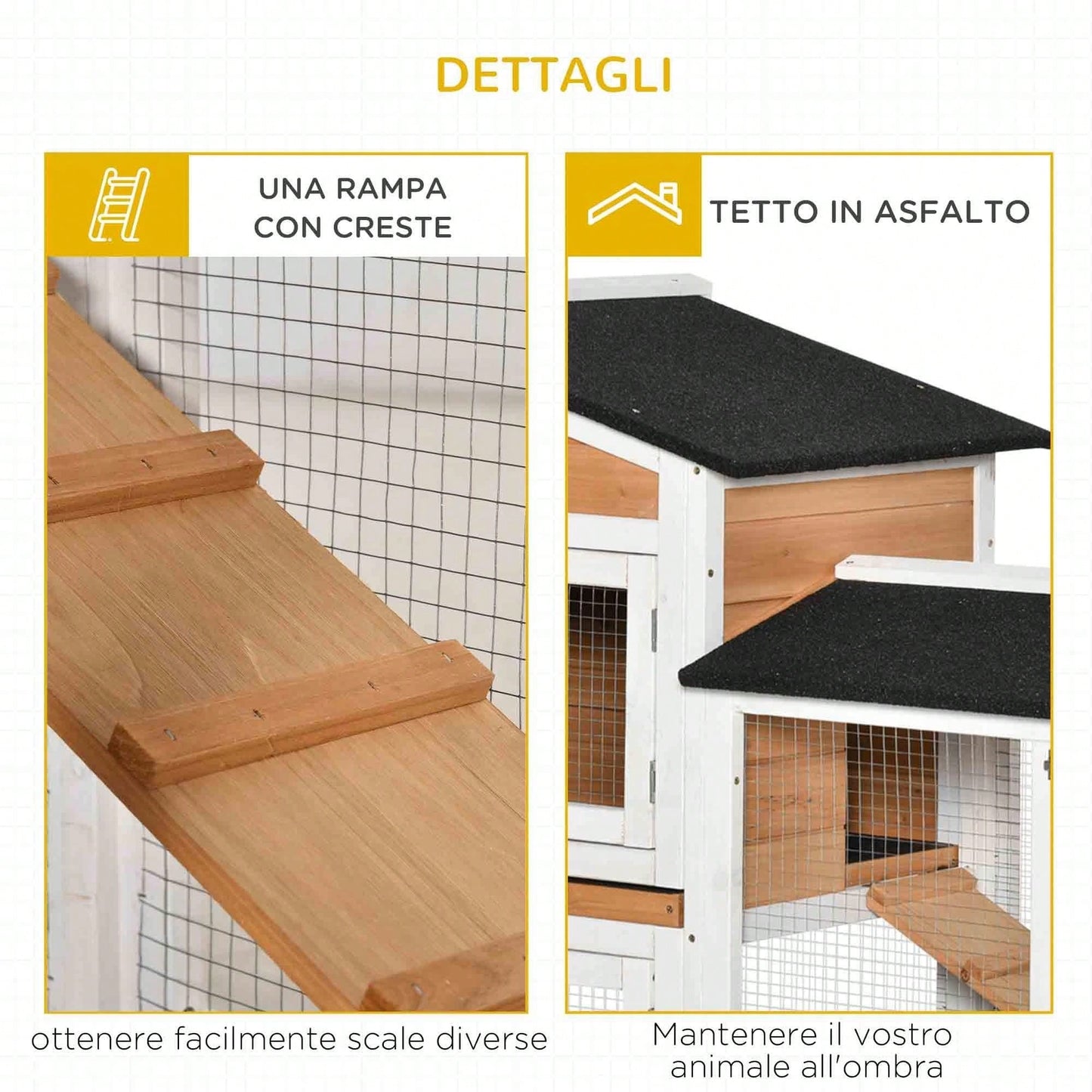 PawHut Conigliera da Esterno a 2 Livelli con 6 Ruote, Vassoio Rimovibile, Rampa e Rete Metallica, Casetta per 1-3 Conigli in Legno di Abete e Tetto in Bitume, 157.4x53x99.5 cm