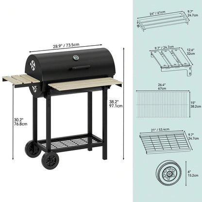 Barbecue a carbone portatile L, Griglia con vassoio per carbone regolabile in altezza e termometro per feste, campeggio, patio e giardino. Inclusi utensili da cucina