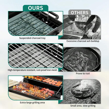 Barbecue a carbone portatile L, Griglia con vassoio per carbone regolabile in altezza e termometro per feste, campeggio, patio e giardino. Inclusi utensili da cucina