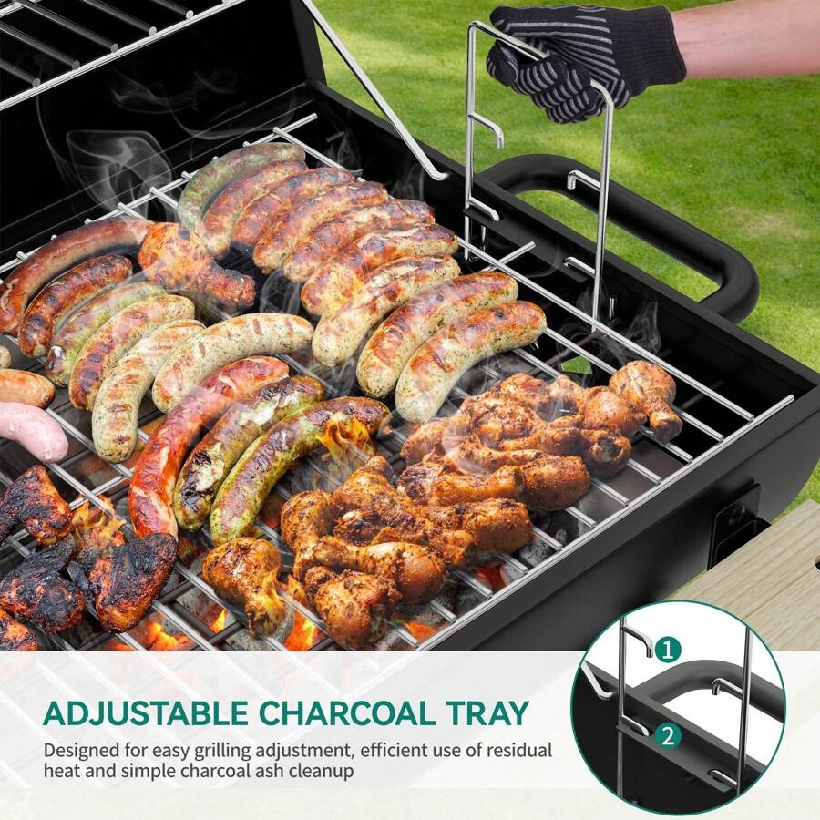 Barbecue a carbone portatile L, Griglia con vassoio per carbone regolabile in altezza e termometro per feste, campeggio, patio e giardino. Inclusi utensili da cucina