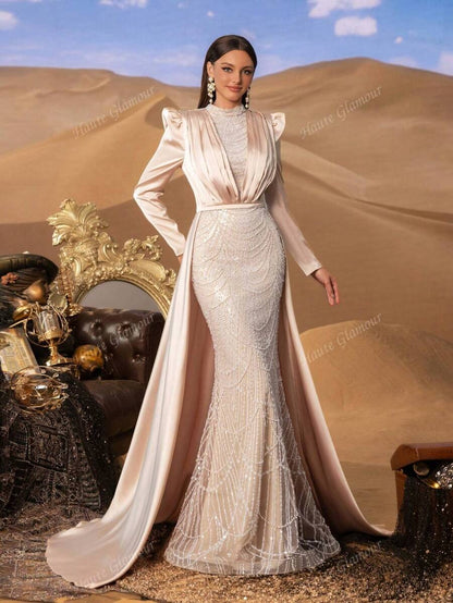 Faeriesty Abito da sera elegante e glamour con collo alla coreana, strascico laterale da principessa, decorato con perline e paillettes