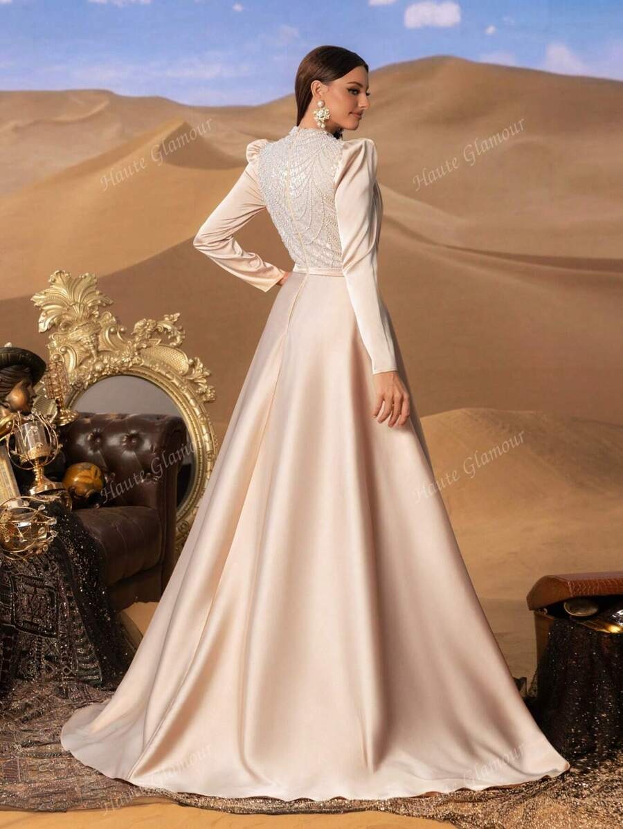 Faeriesty Abito da sera elegante e glamour con collo alla coreana, strascico laterale da principessa, decorato con perline e paillettes