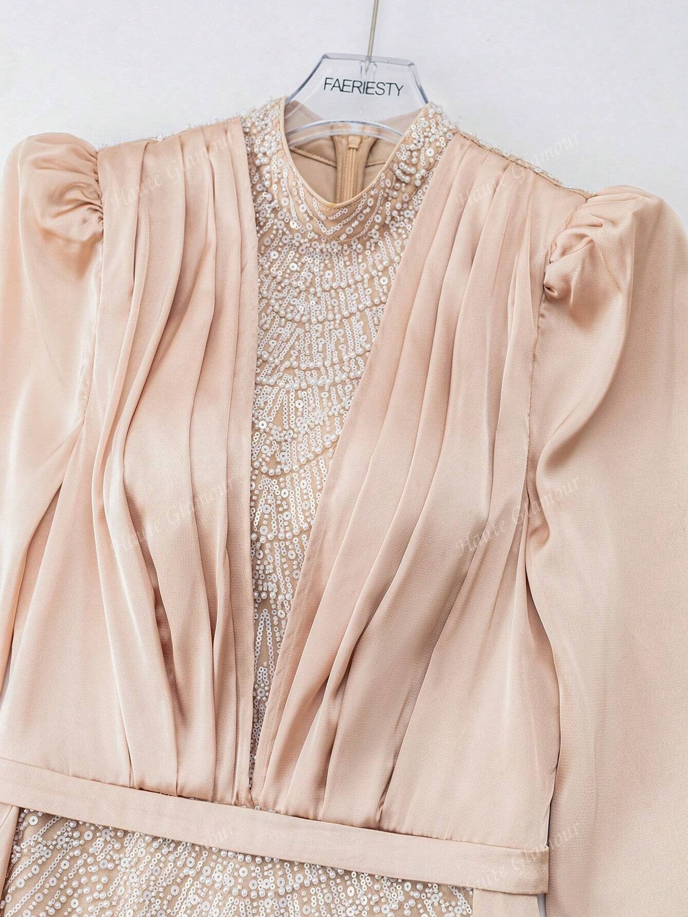 Faeriesty Abito da sera elegante e glamour con collo alla coreana, strascico laterale da principessa, decorato con perline e paillettes
