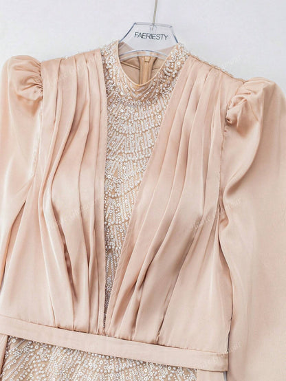 Faeriesty Abito da sera elegante e glamour con collo alla coreana, strascico laterale da principessa, decorato con perline e paillettes