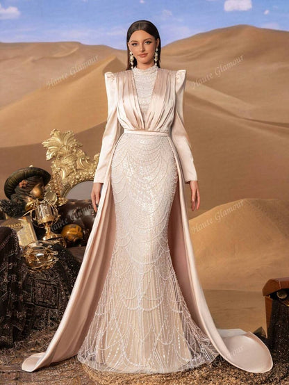 Faeriesty Abito da sera elegante e glamour con collo alla coreana, strascico laterale da principessa, decorato con perline e paillettes