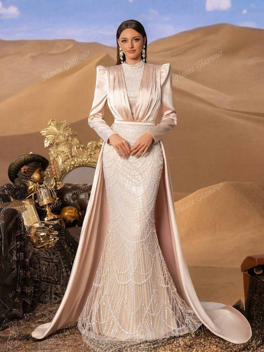 Faeriesty Abito da sera elegante e glamour con collo alla coreana, strascico laterale da principessa, decorato con perline e paillettes