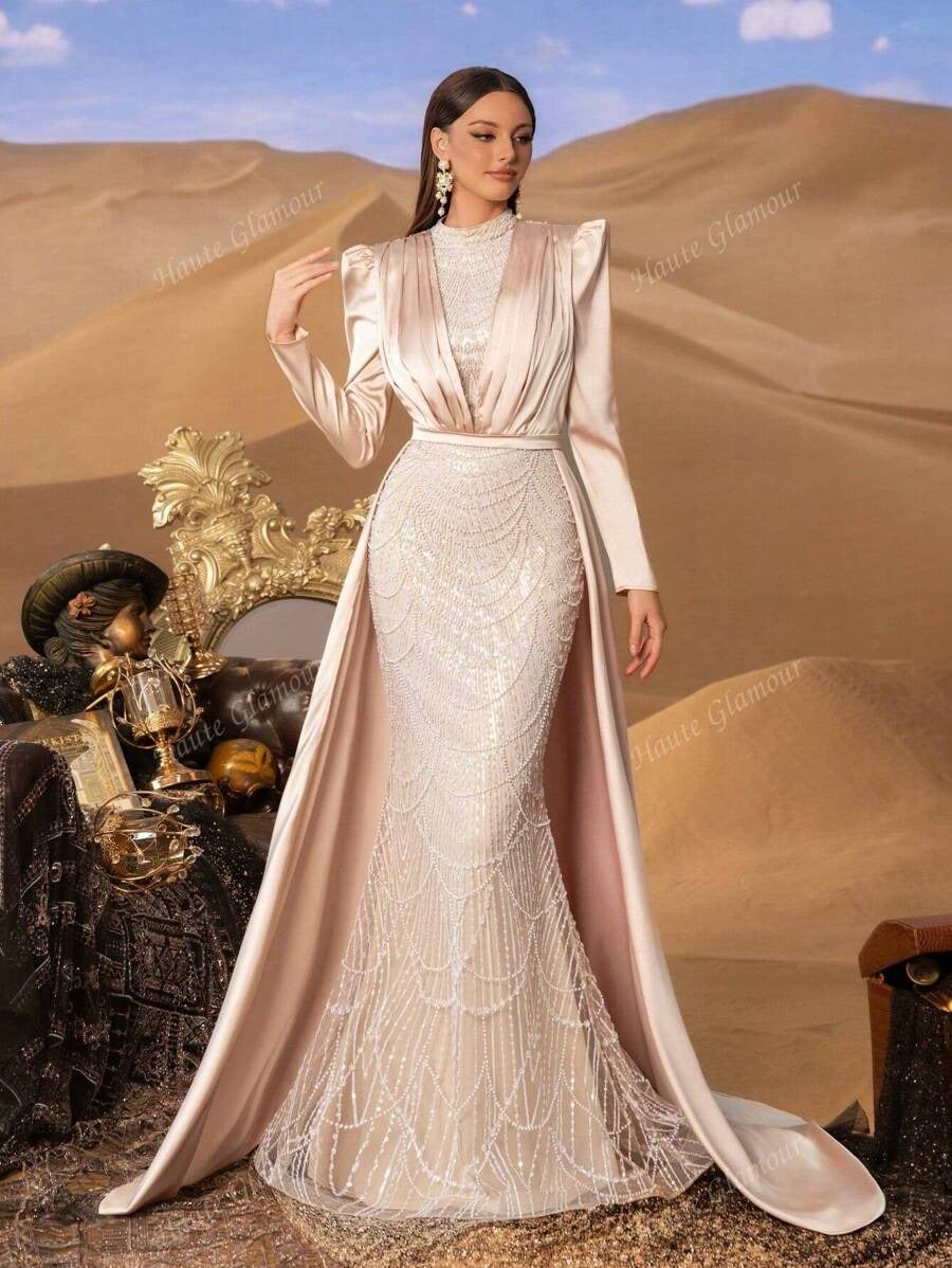 Faeriesty Abito da sera elegante e glamour con collo alla coreana, strascico laterale da principessa, decorato con perline e paillettes