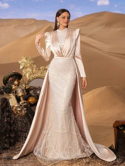 Faeriesty Abito da sera elegante e glamour con collo alla coreana, strascico laterale da principessa, decorato con perline e paillettes