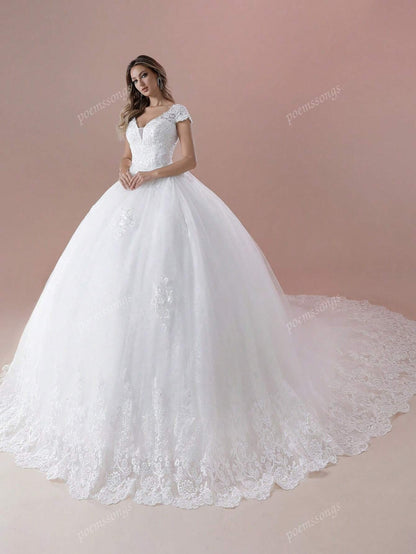 Elegante abito da sposa con maniche a cappuccio, scollo a V, decorato con perline e applicazioni, a palloncino (il copripettorina non è incluso), per la sposa