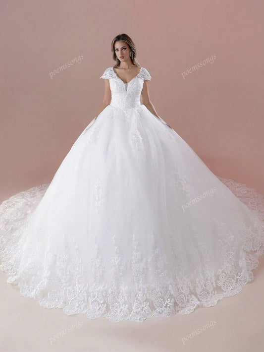 Elegante abito da sposa con maniche a cappuccio, scollo a V, decorato con perline e applicazioni, a palloncino (il copripettorina non è incluso), per la sposa