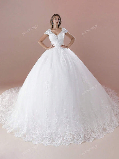 Elegante abito da sposa con maniche a cappuccio, scollo a V, decorato con perline e applicazioni, a palloncino (il copripettorina non è incluso), per la sposa