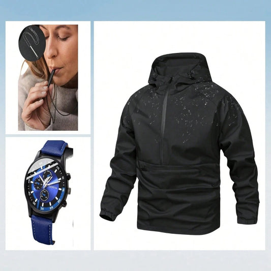 Giacca antivento a mezza chiusura lampo a prova d'acqua casual e versatile da uomo, leggera nera a fascia lunga per esterni, adatta come regalo per Friend, Husband, Boyfriend