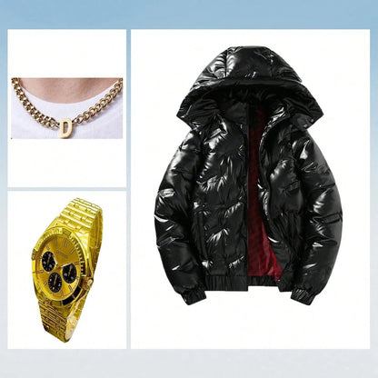 Cappotto casual imbottito con colletto rialzato, maniche lunghe, cappuccio staccabile, resistente al vento, lucido, in tinta unita, adatto per l'autunno/inverno, per tenersi caldi