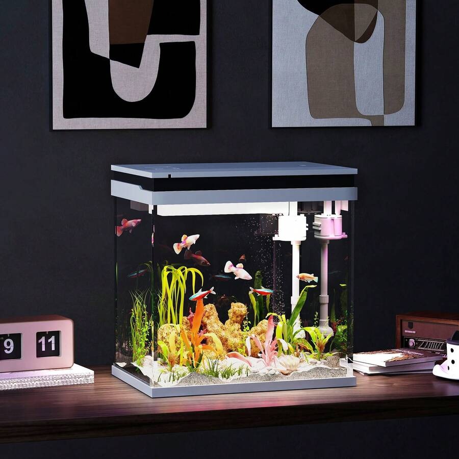 PawHut 26L Acquario in Vetro per Pesci Rossi con Illuminazione LED, Acquario Completo con Filtro e Pompa d'Acqua, Vaschetta per Pesci Acqua Tropicali, 38x26x38 cm, Bianco