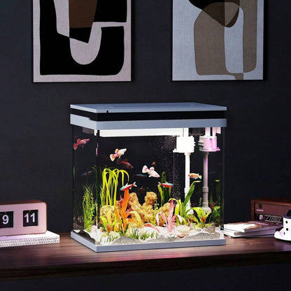 PawHut 26L Acquario in Vetro per Pesci Rossi con Illuminazione LED, Acquario Completo con Filtro e Pompa d'Acqua, Vaschetta per Pesci Acqua Tropicali, 38x26x38 cm, Bianco