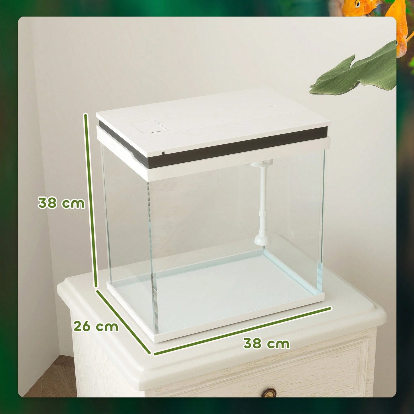 PawHut 26L Acquario in Vetro per Pesci Rossi con Illuminazione LED, Acquario Completo con Filtro e Pompa d'Acqua, Vaschetta per Pesci Acqua Tropicali, 38x26x38 cm, Bianco