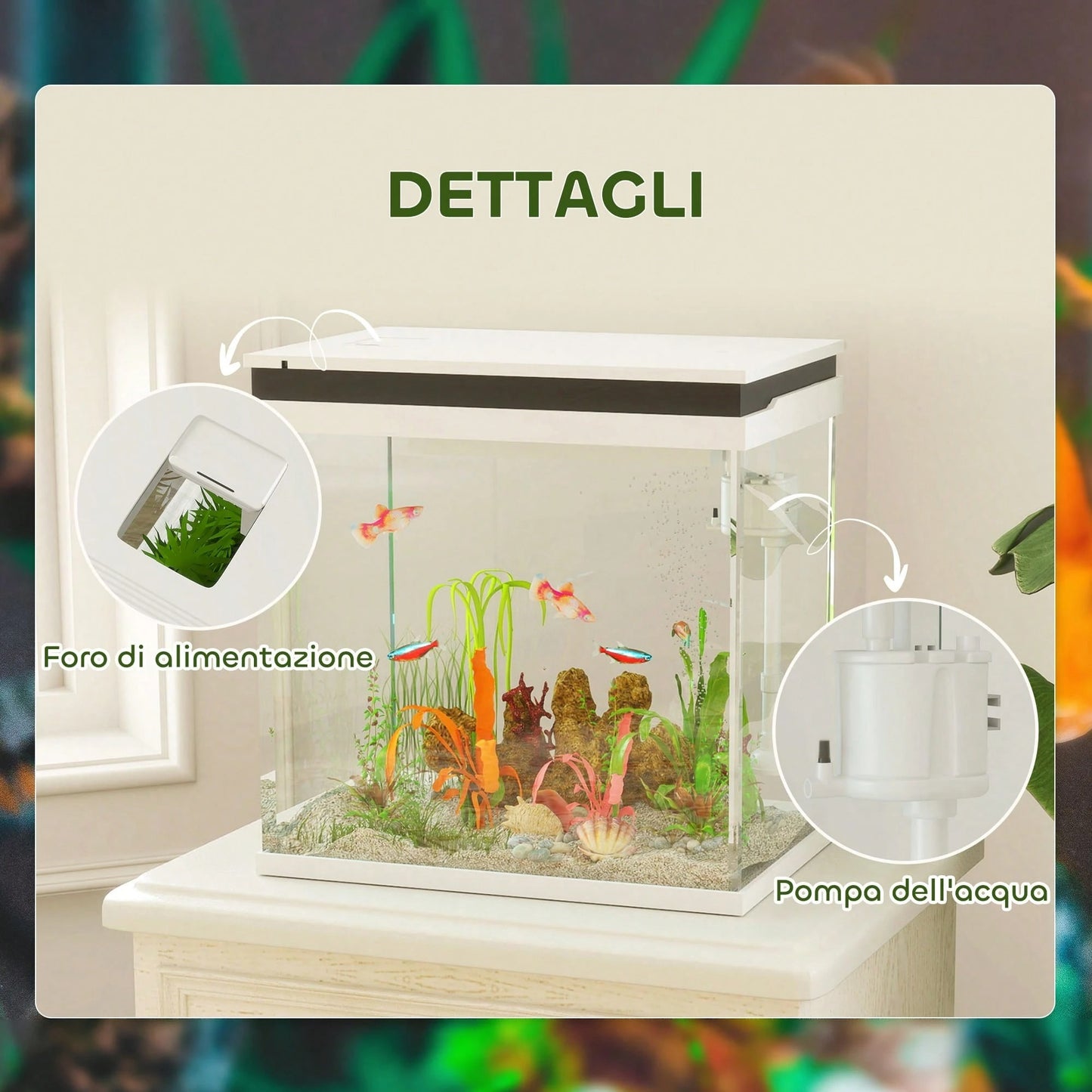 PawHut 26L Acquario in Vetro per Pesci Rossi con Illuminazione LED, Acquario Completo con Filtro e Pompa d'Acqua, Vaschetta per Pesci Acqua Tropicali, 38x26x38 cm, Bianco