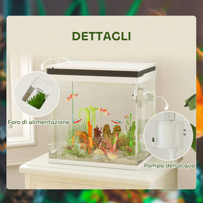PawHut 26L Acquario in Vetro per Pesci Rossi con Illuminazione LED, Acquario Completo con Filtro e Pompa d'Acqua, Vaschetta per Pesci Acqua Tropicali, 38x26x38 cm, Bianco