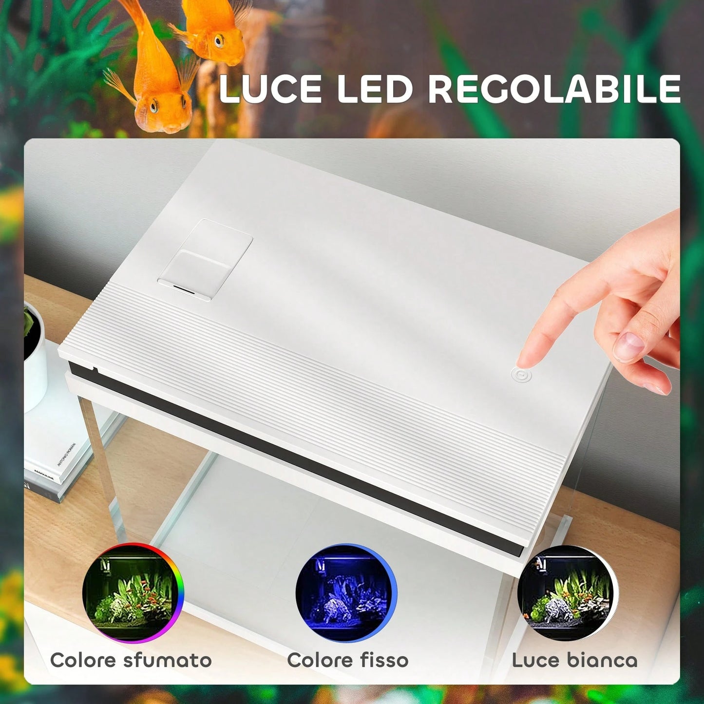 PawHut 26L Acquario in Vetro per Pesci Rossi con Illuminazione LED, Acquario Completo con Filtro e Pompa d'Acqua, Vaschetta per Pesci Acqua Tropicali, 38x26x38 cm, Bianco