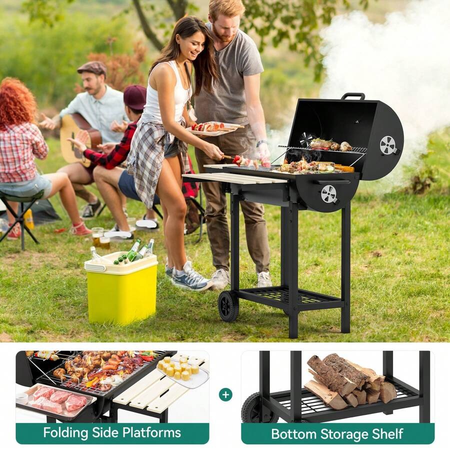 Barbecue a carbone portatile L, Griglia con vassoio per carbone regolabile in altezza e termometro per feste, campeggio, patio e giardino. Inclusi utensili da cucina